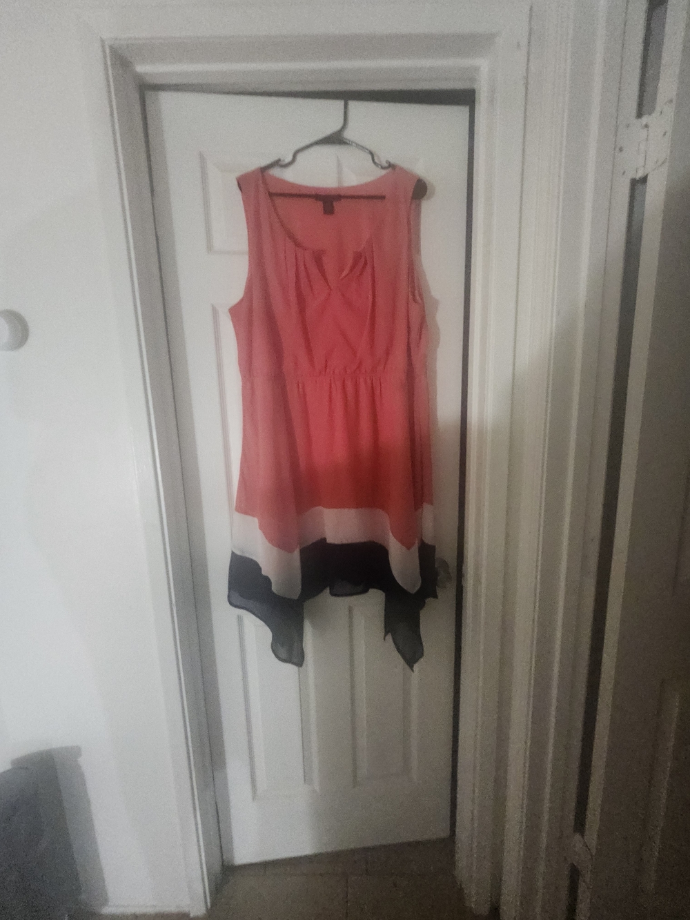 Love Cameron Sleeveless Colorblock Handkerchief Hem Dress Coral, White & Blue 3X